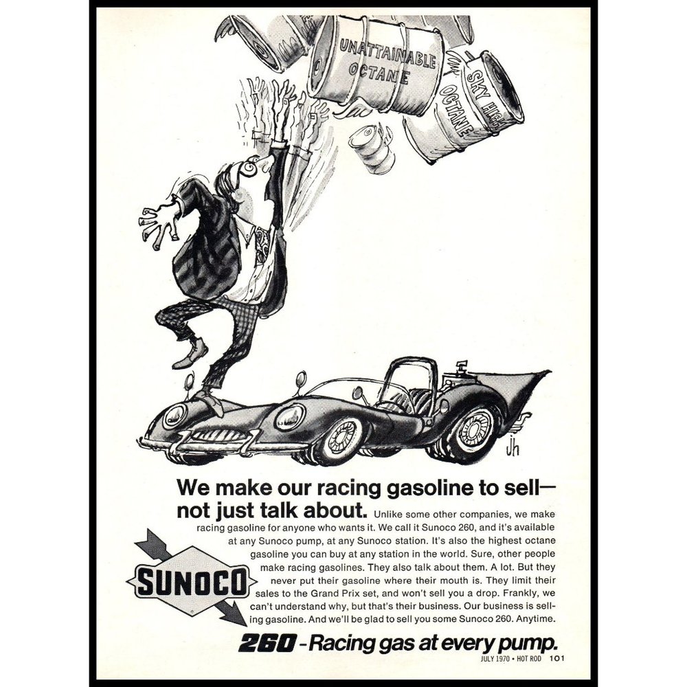 1970 Sunoco 260 Racing Gasoline Gas Vintage Print Ad Cartoon Wall Art Drawing